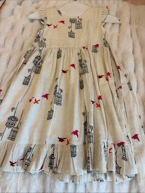 Girls Cream Birdcage Print Summer Dress with Pink Accent